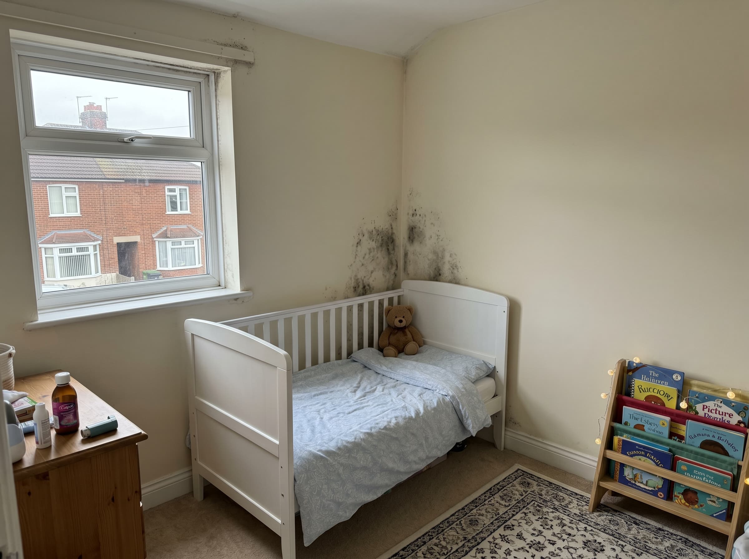Child's bedroom with visible mould on the wall - family living with mould affecting their kids