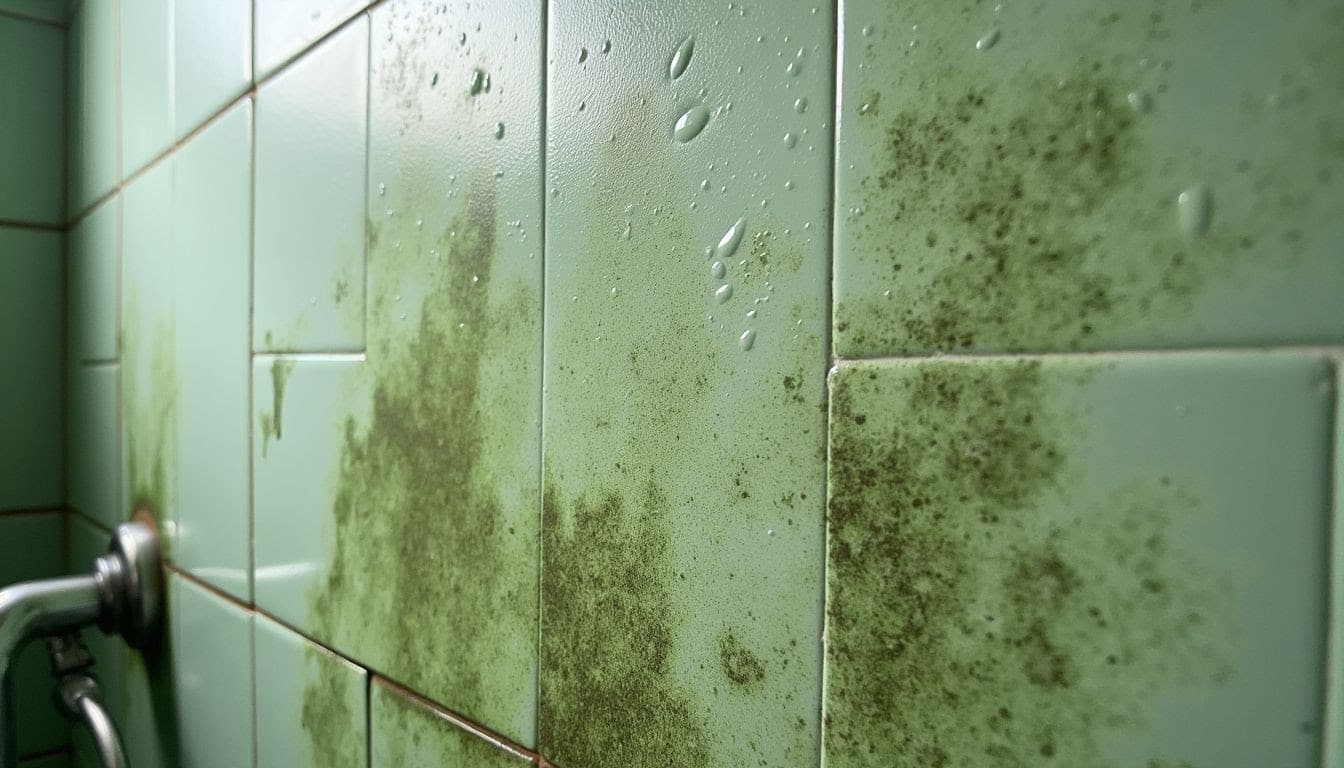 Green mould on bathroom tiles caused by condensation