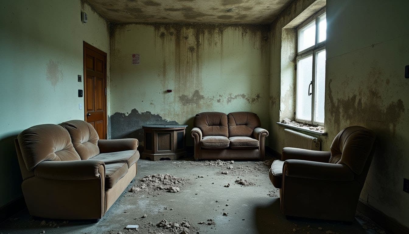 Mould-damaged living room before treatment