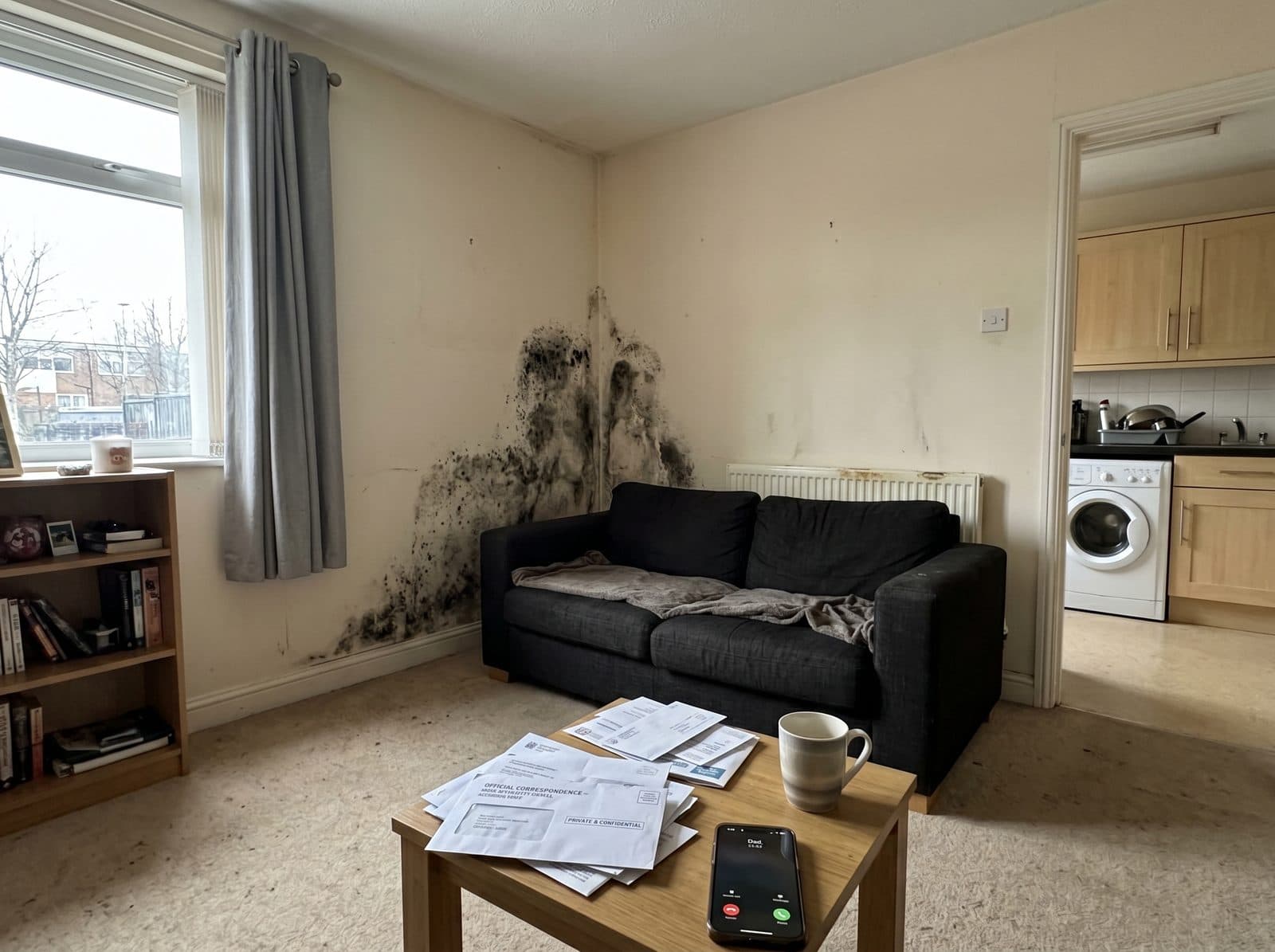 UK rental property living room with visible mould - landlord under Awaab's Law pressure