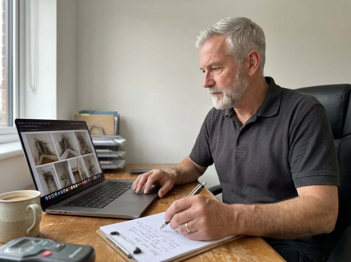 Mould remediation expert reviewing homeowner photos at his desk and writing up the action plan