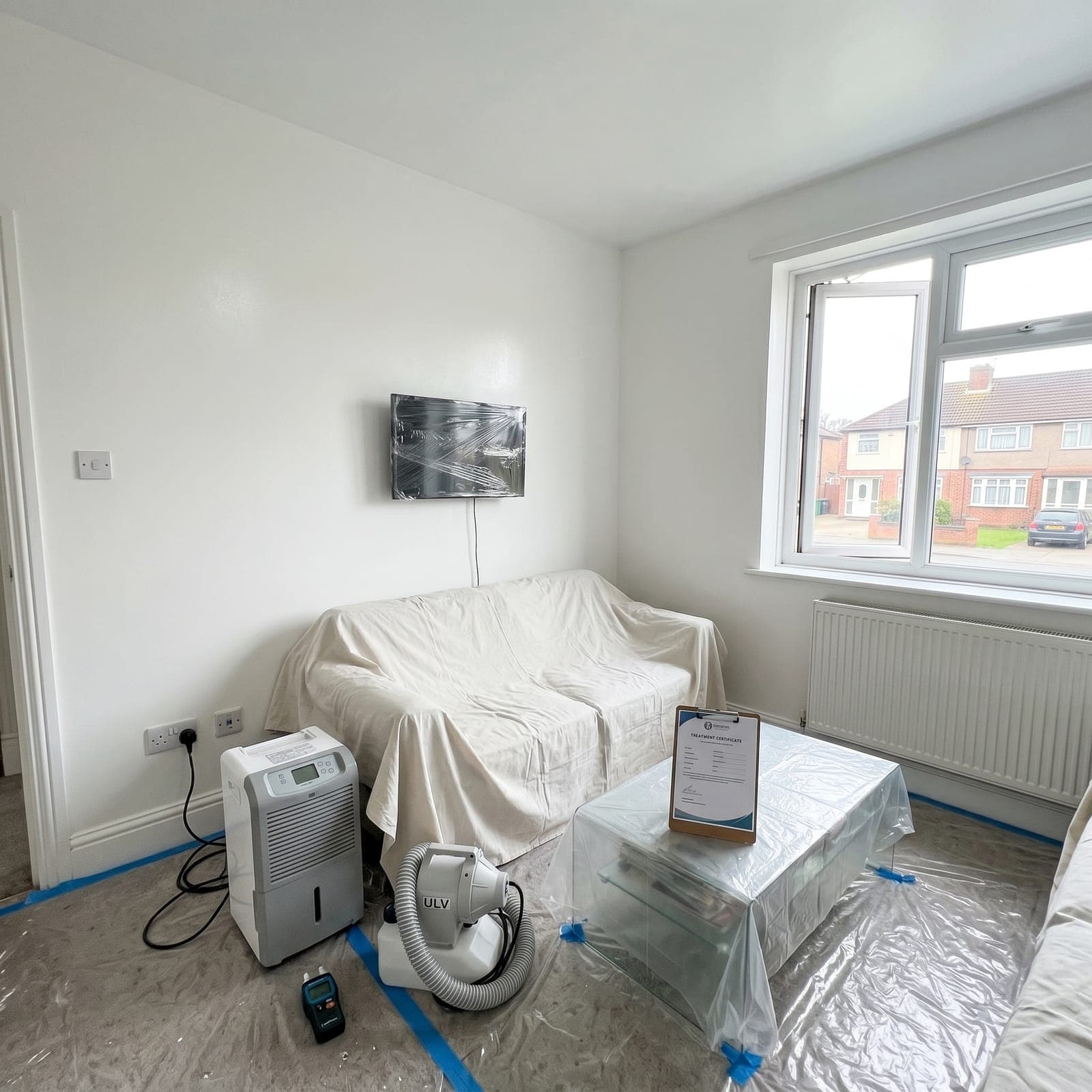 After: Watford 2-bed flat - whole-property treatment, dehumidifier installed to fix moisture cause, biocide fogged across all affected rooms, walls professionally refinished, 12-month warranty