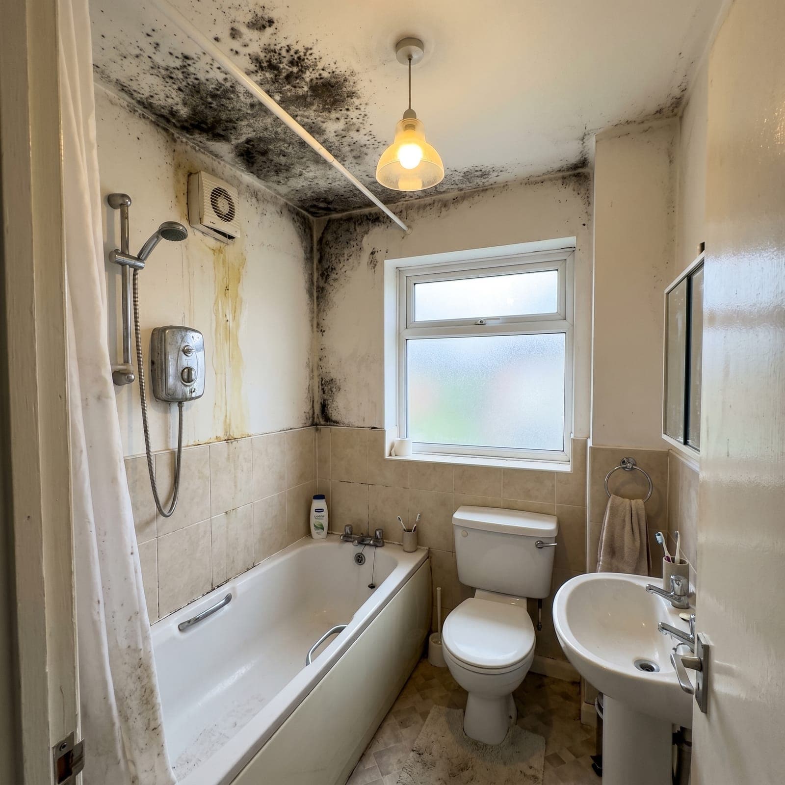Before: Croydon house - severe bathroom mould, failed extractor replaced at root cause, biocide treatment, anti-mould grout and paint, 24-hour turnaround, 12-month warranty