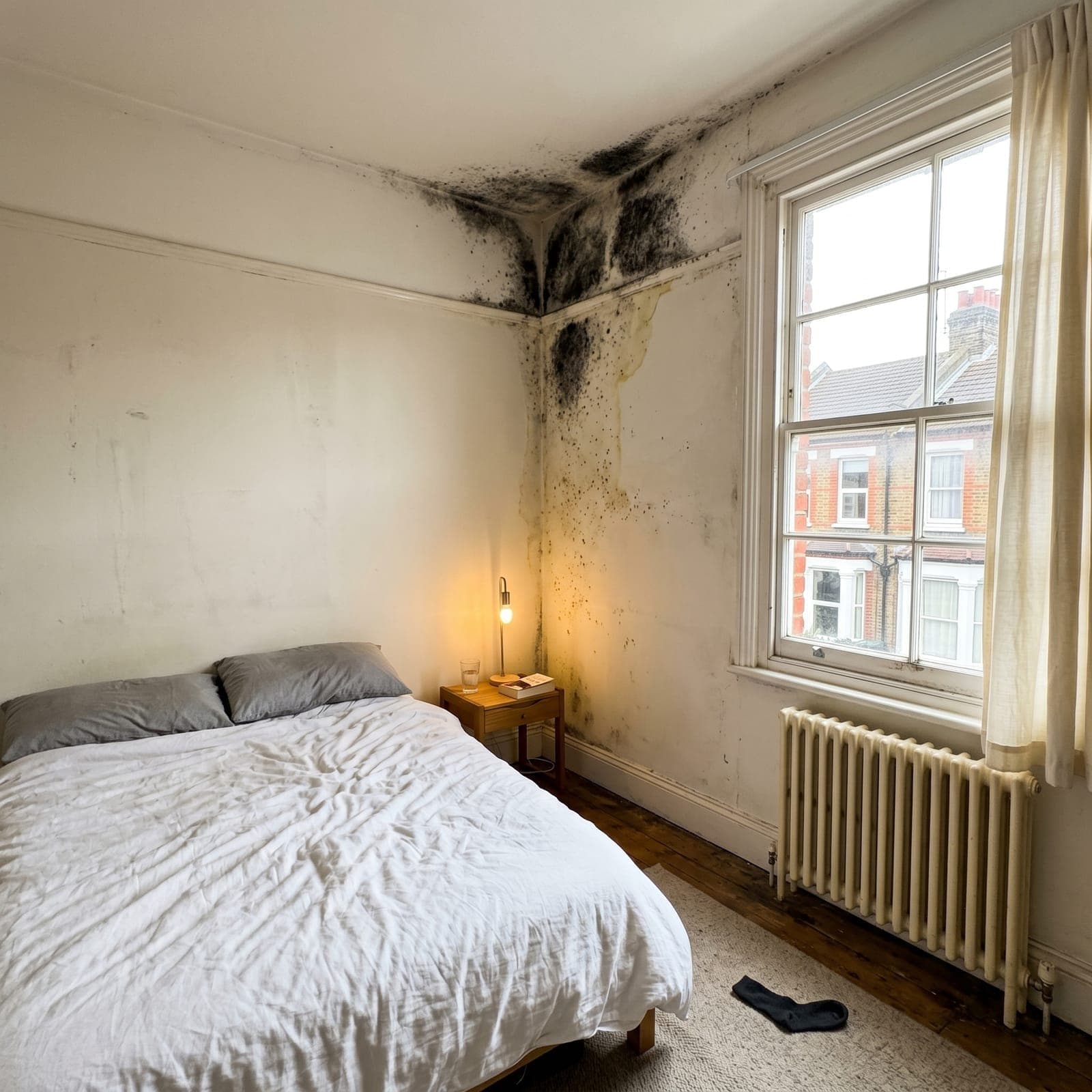 Before: Hackney Victorian terrace - black mould treated with biocide fogging, moisture source resolved, walls professionally refinished, 12-month warranty