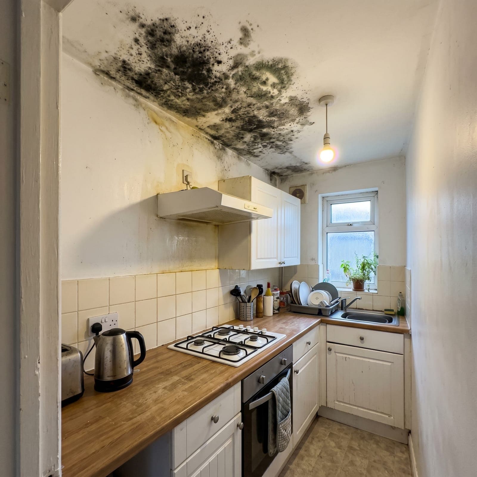 Before: Streatham terrace - kitchen ceiling mould treated with HEPA filtration and biocide, ventilation upgraded, ceiling professionally refinished, 12-month warranty