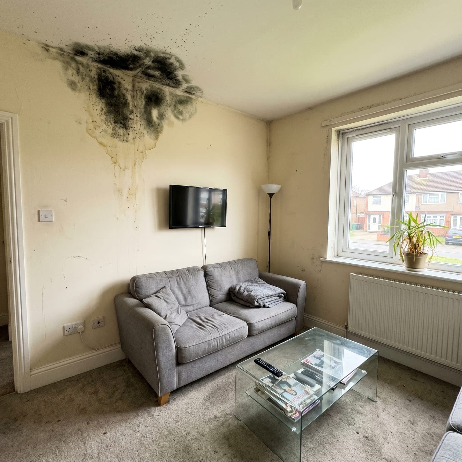 Before: Watford 2-bed flat - whole-property treatment, dehumidifier installed to fix moisture cause, biocide fogged across all affected rooms, walls professionally refinished, 12-month warranty