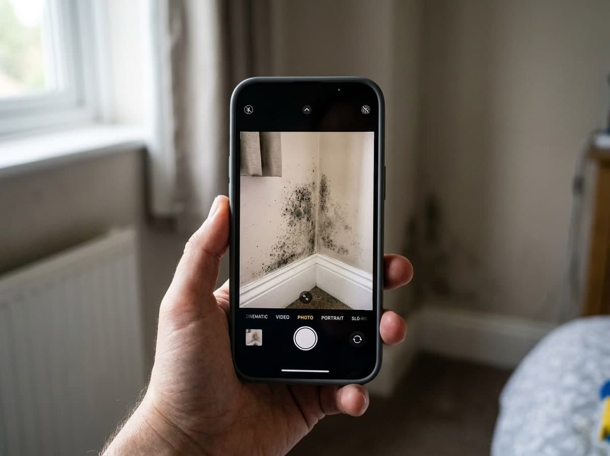 UK homeowner photographing mould on a wall with their iPhone to send via WhatsApp