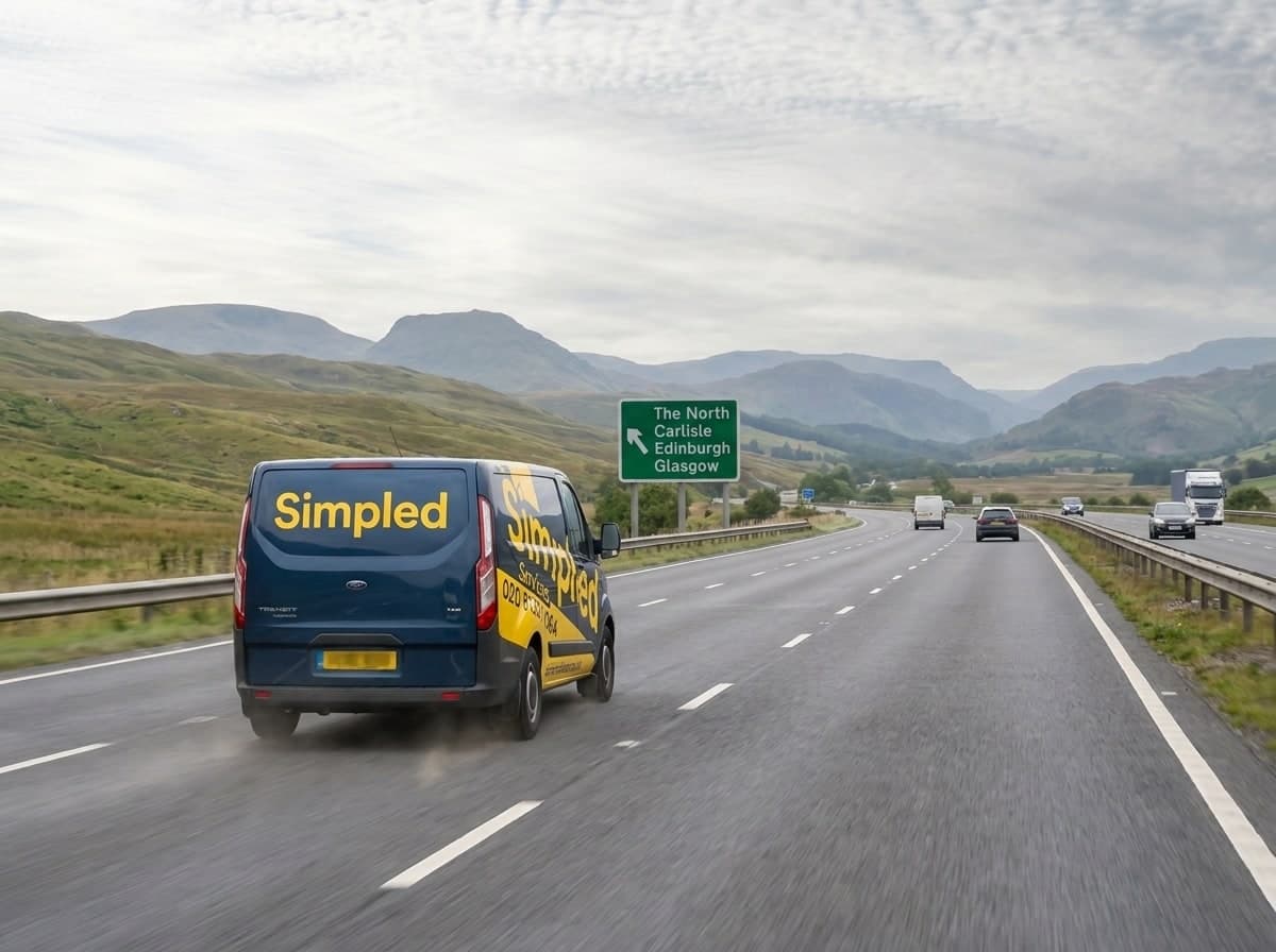 Simpled Services van on UK motorway - covering the whole of the UK within 48 hours