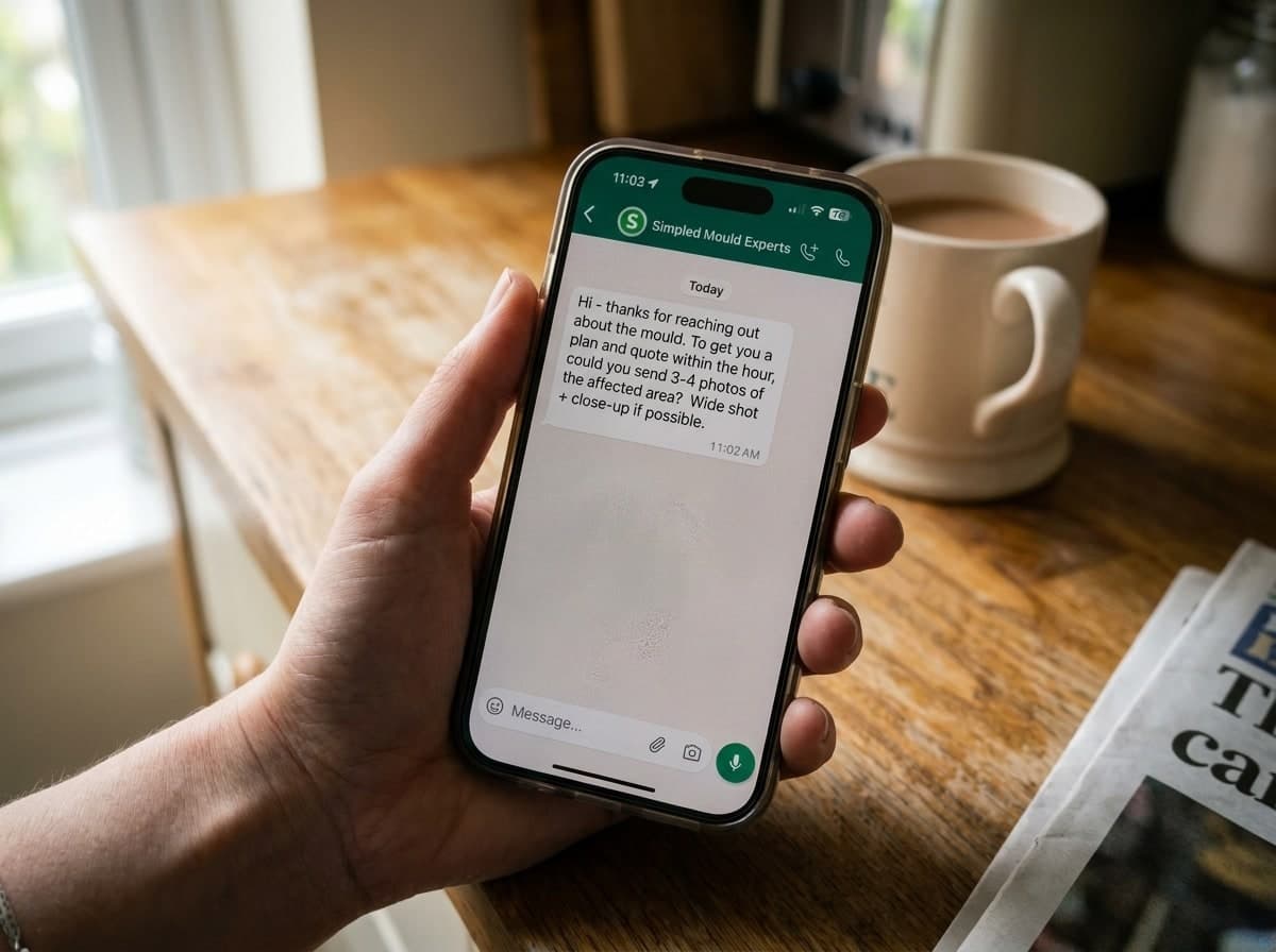 WhatsApp message from Simpled Services - instant reply confirming your mould enquiry